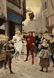 Parijs, Roustissoir (grill) van de Peer Chatelet. Conflict tussen een bediende en een man die beschuldigd wordt van het niet betalen van zijn maaltijd. Pantagruel. Illustratie door Jules Garnier. In "Rabelais et l