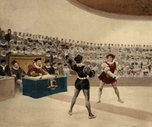 Het duel tussen Panurge (rug) en de Engelse Thaumaste. Pantagruel. Illustratie door Jules Garnier. In "Rabelais et l
