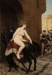 De vrouw van de keizer van Milaan, Federic (Frederic) Barberossa, opgejaagd uit de stad door de Milanezen. Ze rijdt op de Thacor muilezel. Pantagruel. Illustratie door Jules Garnier. In "Rabelais et l