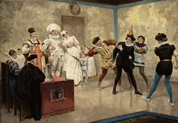 Twee mannen slaan een Chiquanous. Aanwezig: de bakker Loyre en zijn vrouw in trouwkleding (in het midden), de heer van Basche en de genezer Oudart. Pantagruel. Illustratie door Jules Garnier. In "Rabelais et l