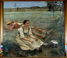 Hooien Een vrouw zit in het gras naast een slapende man tijdens het oogstseizoen. Schilderij door Jules Bastien Lepage (1848-1884) 1877