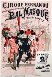 Kunst. Vermaak. Masqueradebal van het Fernando circus, Parijs. Poster door Jules Cheret, Frankrijk, ca. 1870-80