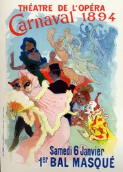 Kunst. Vermaak. Gemaskerd bal in de Opera van Parijs voor het carnaval. Poster door Jules Cheret, Frankrijk