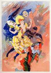 Kunst. Amusement. De mime show. Allegorie door Jules Cheret, Frankrijk, ca. 1890