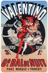 Kunst. Vermaak. Valentino, Gemaskerd Bal in Parijs. Poster door Jules Cheret, Frankrijk, ca. 1870