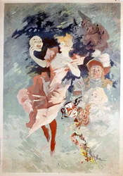 Carnavalposter door Jules Cheret: vrouw met masker, B.N. Parijs. 19e eeuw.