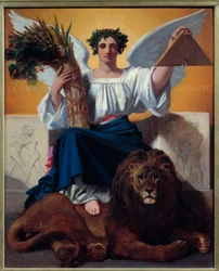 De Republiek. Allegorie die de republiek voorstelt als een engelachtige vrouw met een kroon, symbool van vrijheid, die de bundel vasthoudt, symbool van broederschap, en de delta, symbool van gelijkheid, met haar voeten op een leeuw, symbool van macht. Het 