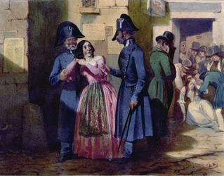 Arrestatie van een prostituee door de politie, ca. 1835
