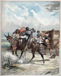 Don Quichot valt zijn vijand aan - Illustratie van Jules David uit Histoire de Don Quixote - 1887 - door Miguel de Cervantes Saavedra
