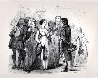 Madame de Staël (1766-1817) ondervraagt Napoleon Bonaparte (1769-1821) over de beste vrouwen, uit „Napoleon“ van Émile Marco de Saint-Hilaire, gegraveerd door Bernard, Parijs, 1843