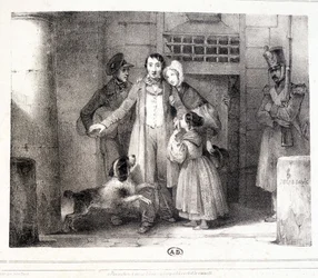 Man verlaat de gevangenis en wordt herenigd met zijn familie, ca. 1830.