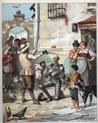 Buiten een herberg, Don Quichot wordt ridder - Illustratie van Jules David (1808-1892) uit Histoire de Don Quichote (Don Quichot) - 1887 - door Miguel de Cervantes Saavedra (1547-1616)