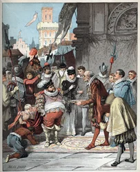 Sancho Panza benoemd tot gouverneur van het eiland Barataria - Sancho Panza wordt benoemd tot eeuwigdurend gouverneur van het eiland Barataria - Illustratie van Jules David (1808-1892) uit Histoire de Don Quichotte (Don Quichotte) - 1887 - door Miguel de