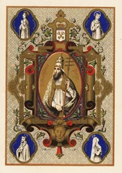 Portret van Sint Gregorius, Paus Gregorius I, met triregnum of driekroon, en Pauselijke ferula, binnen een decoratieve rand
