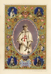Portret van Sint Jan van Matha, oprichter van de Orde van de Allerheiligste Drie-eenheid, met halo, in kruisvaarderskleding, met kettingen van bevrijde christenen