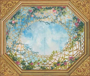 Ontwerp voor een plafond beschilderd met wolken, latwerk en rozen