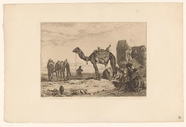 Landschap met kamelen bij ruïne