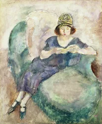 Meisje in blauw lezend op een sofa, 1926-27