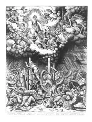 Hemel en hel, gegraveerd door Hieronymus Cock (ca. 1510-70), 1565