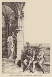 Criemhild en haar ridders verslagen door Hagen en Volker (gravure)