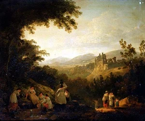 Een Bebost Landschap met Wasvrouwen bij een Fontein
