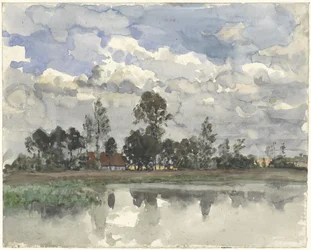 Bomen zich spiegelend in het water bij een bewolkte lucht