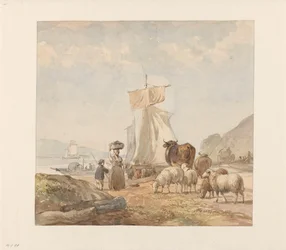 Figuren met vee bij rivieroever met veerboot