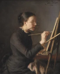 De schilder Agnes Paulsen, de zus van de kunstenaar, bij haar ezel