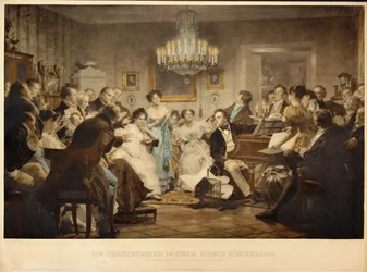 Een avond met Schubert in een Weense salon ... (gravure)