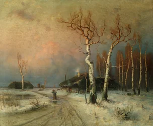 Een dorp in een bebost winterlandschap
