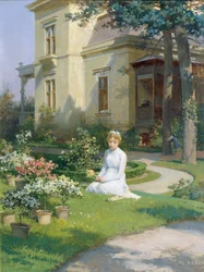 Meisje in de tuin van een villa