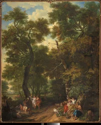 Arcadisch landschap met herders die muziek maken en dansen