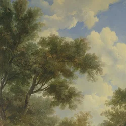 Arcadisch landschap met links een tempel en op de voorgrond een zittende oude man