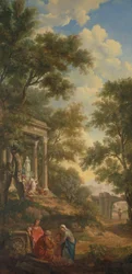 Arcadisch landschap met links een tempel en op de voorgrond een zittende oude man