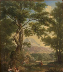 Arcadisch landschap met linksvoor kinderen met een vogel en een hond