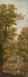 Behangsel met Hollands landschap, behorend bij de zaal van de Nieuwe Doelenstraat 22