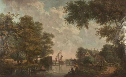 Behangsel met Hollands landschap, behorend bij de zaal van de Nieuwe Doelenstraat 22