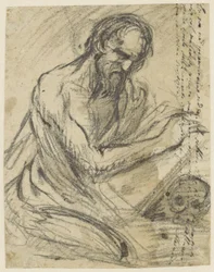 H. Hieronymus, schrijvend in een boek dat hij boven een schedel houdt