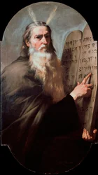 Mozes de profeet is afgebeeld als vertegenwoordiger die de Tafelen der Wet vasthoudt. Schilderij van Jusepe de Ribera, genaamd lo Spagnoletto (1591-1652), 1638. Afmetingen 168 x 97 cm. Napels, Museo di San Martino.