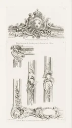 Ontwerp van cartouche met de wapens van de koning gecentreerd in een rand