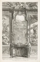 Cabinet of Count Bielenski Grootmaarschalk van de Kroon van Polen uitgevoerd in 1734; Chimneypiece met spiegel, met een deel van de ondersteunende lambrisering en schilderijen aan elke kant, 1e Plaat