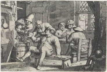 Interieur met kaartende boeren