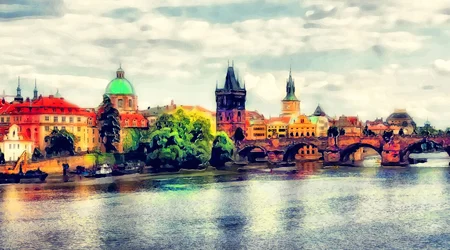 Uitzicht op de Karelsbrug in Praag