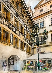 Straatscène in Praag in sgraffito-stijl