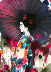 Levendig portret van een geisha met paraplu