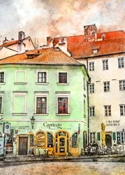 Aquarel: Europees café