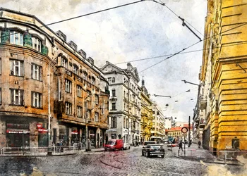 Aquarel: Europese tramstraat