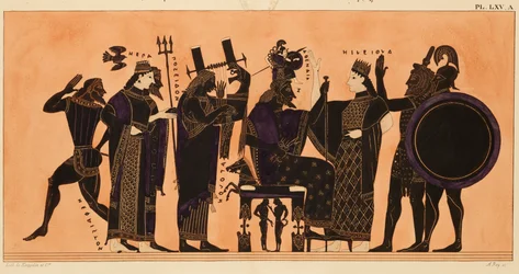 Afdruk van de decoratie op een Griekse amphora, met Hephaestus, Hera, Poseidon, Apollo, Zeus, Athena, Eileithyia, Heracles en Ares, ca. 1844