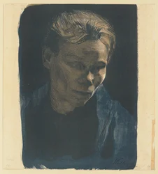Halflichaamsportret van een vrouw uit de arbeidersklasse met een blauwe sjaal