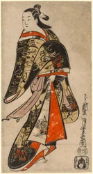 Wandelende courtisane, ca. 1714 (handgekleurde houtsnede; tan-e, verticaal o-oban)